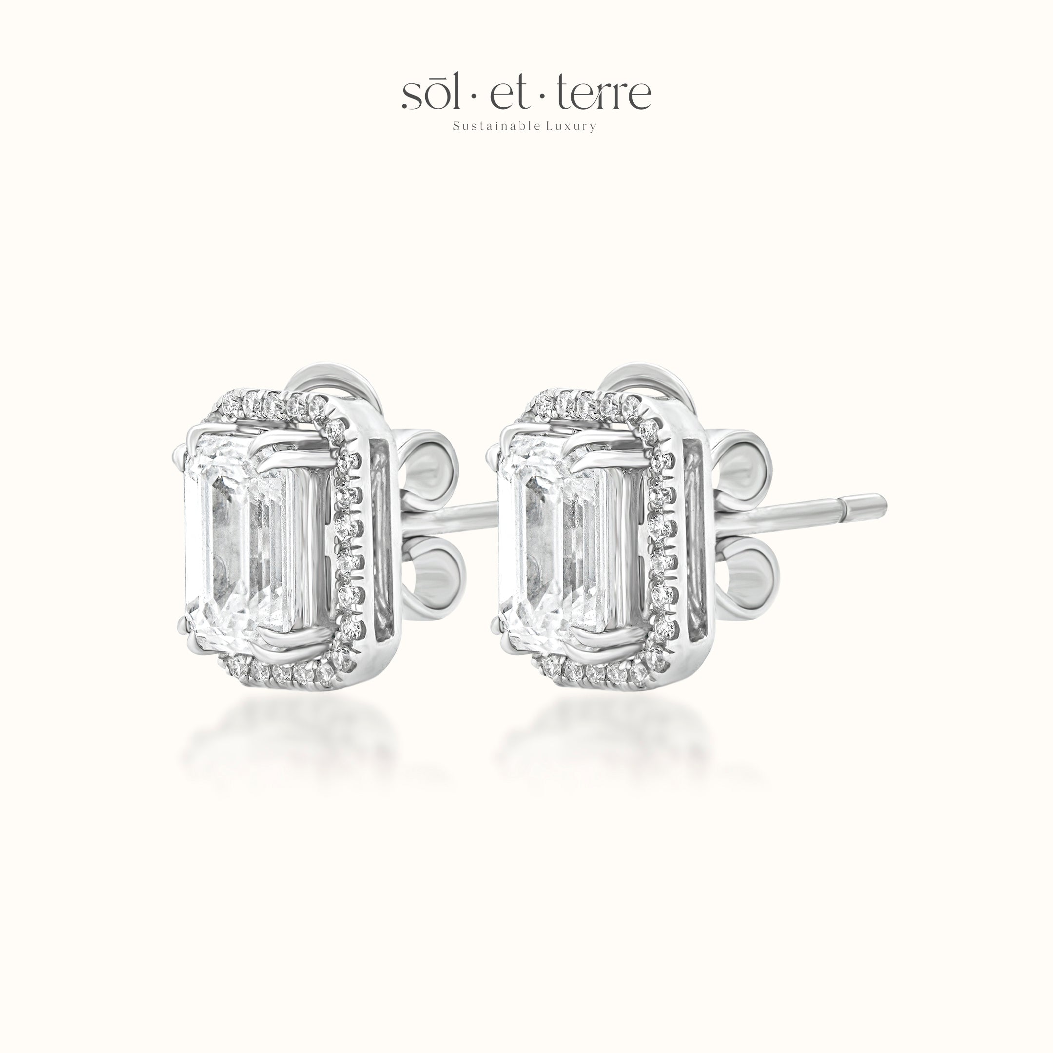 Emerald Diamond Stud Earrings with Removeable Halo | Sol et Terre