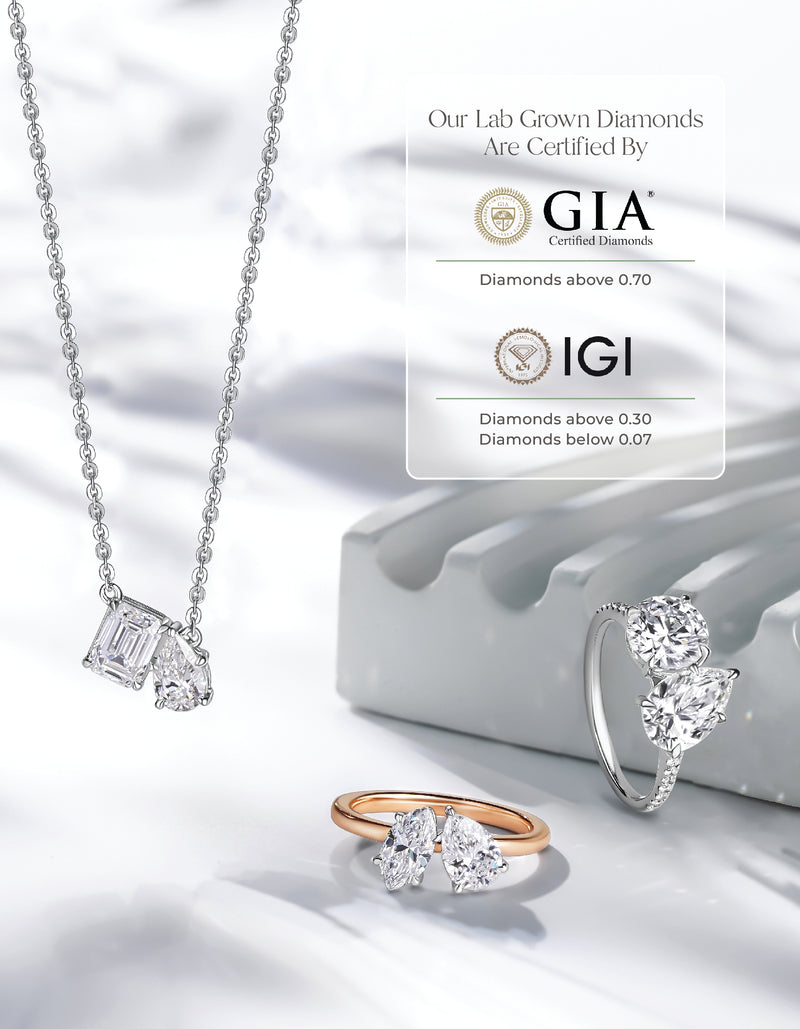 Diamond jewelry set with GIA and IGI certification on a light blue background