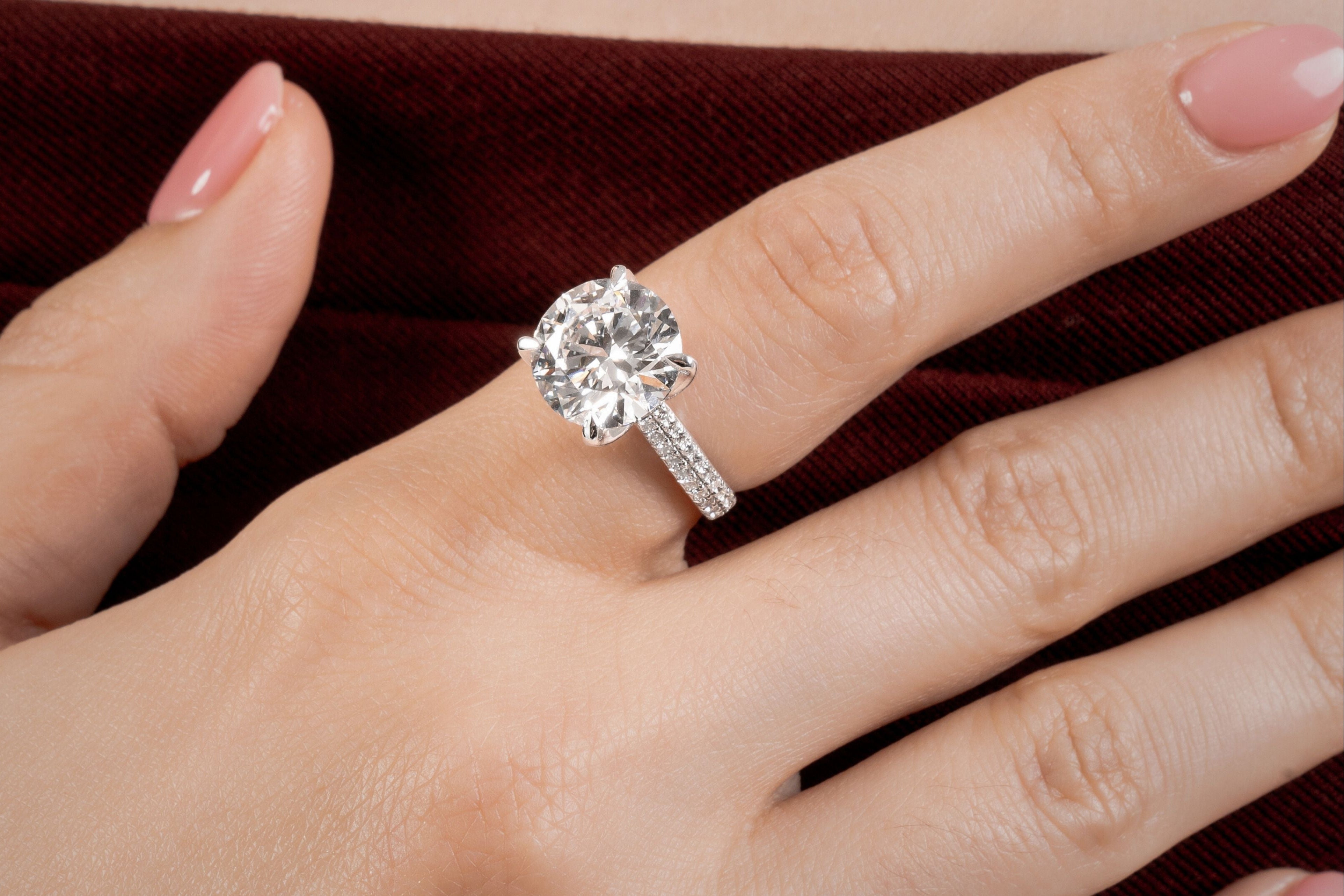 Round Cut Diamond Ring with pave white gold band by Sol et Terre