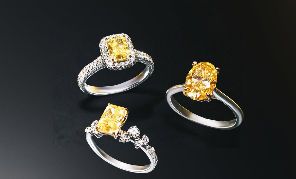 Three rare Yellow Diamond rings with white Gold metal band and Diamonds Pave on a black background